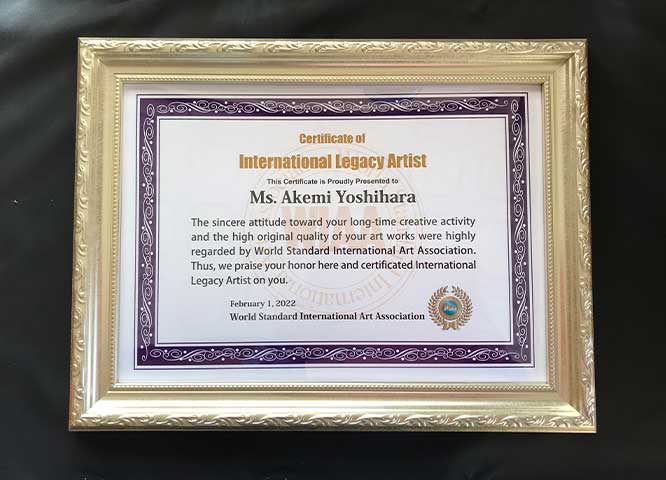 世界基準国際芸術文化協会様よりインターナショナルレガシーアーティストに認定されました